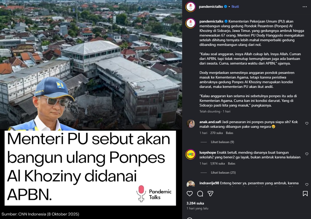 Menteri PU akan bangun ulang Ponpes Al Khoziny pakai APBN